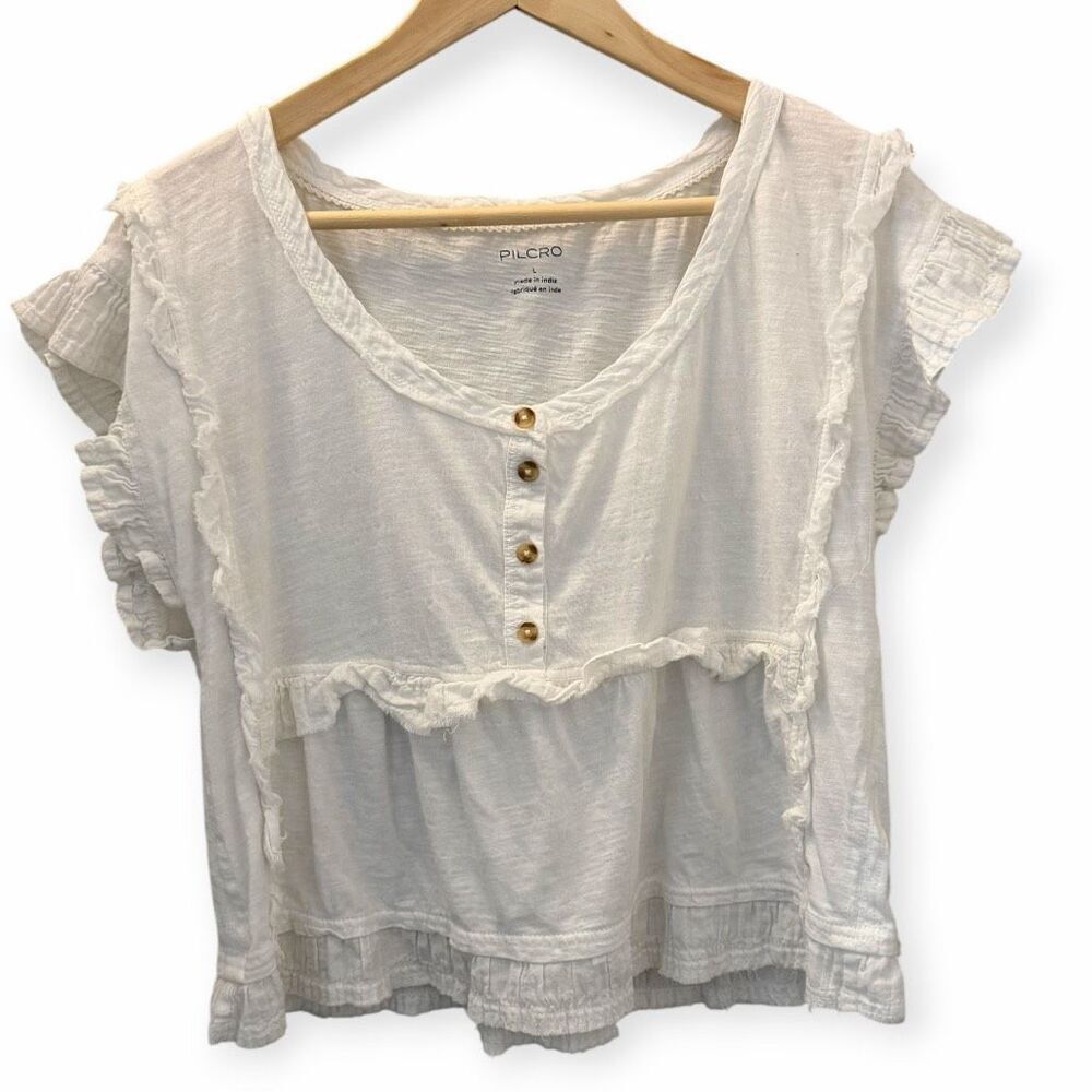 Anthropologie Pilcro Short Sleeve Ruffle-Trim Henley Baby Tee - Picture 5 of 7